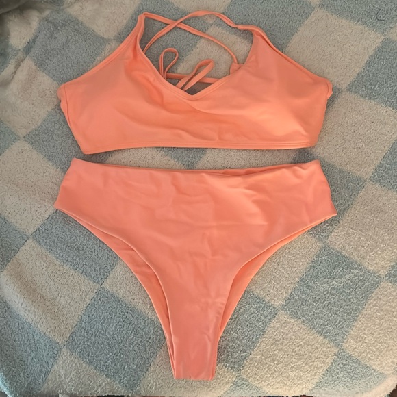Coral High Waisted Bikini Peach Swimsuit SHEIN Tie Up Cheeky Bathing Suit - Picture 1 of 2